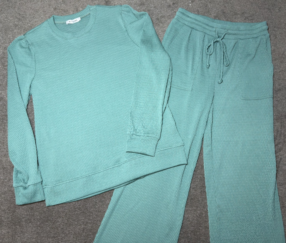 Stylive Teal Textured 2-Piece Boutique Lounge Set Top Pants Medium Made in USA